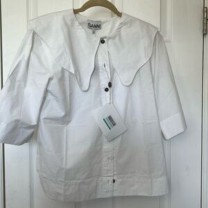 NWT GANNI COTTON POPLIN V-NECK COLLAR SHIRT